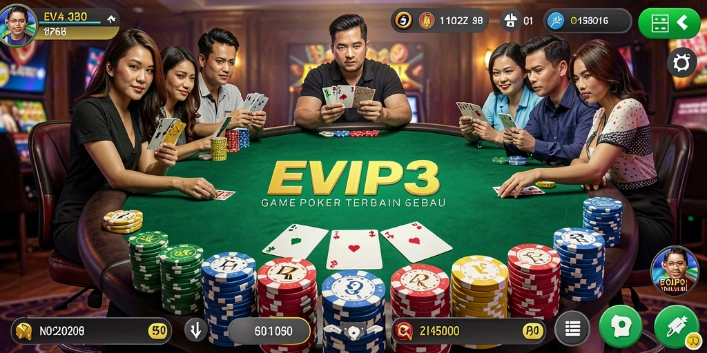 Tampilan gameplay Poker yang seru dan interaktif di EVIP3.