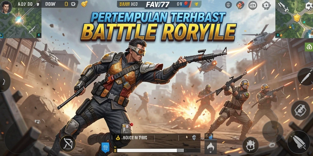 Screenshot utama FAV77 menampilkan aksi pertempuran seru dalam Battle Royale.