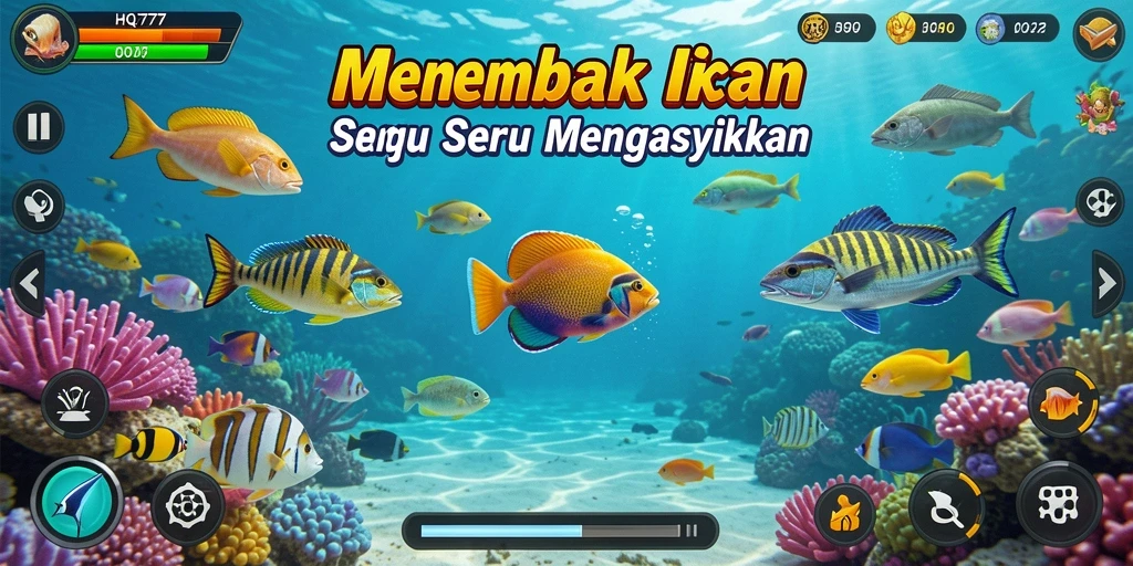 Tampilan gameplay HQ777 saat menembak ikan dengan seru.