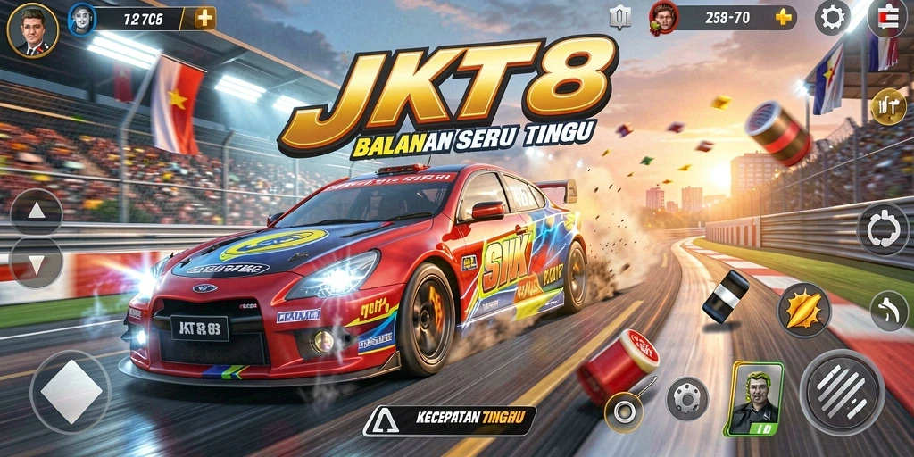 Screenshot gameplay JKT8 yang penuh aksi balapan.