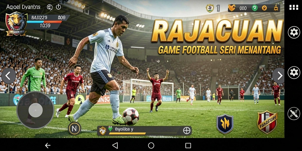 Screenshot gameplay RAJACUAN menampilkan aksi sepak bola yang mendebarkan.