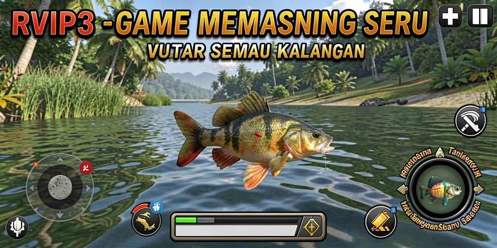 Tampilan gameplay menarik saat memancing di danau yang indah.