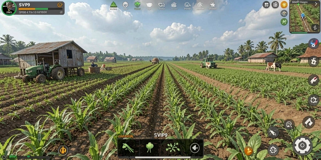 Tampilan gameplay SVIP9 yang menarik dengan pertanian yang indah.
