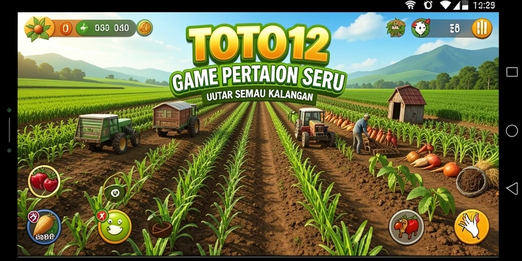 Tampilan gameplay seru di TOTO12 dengan aktivitas bertani.